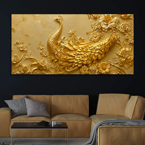 Divine Golden Peacock Floral Symphony 3D Canvas Wall Painting