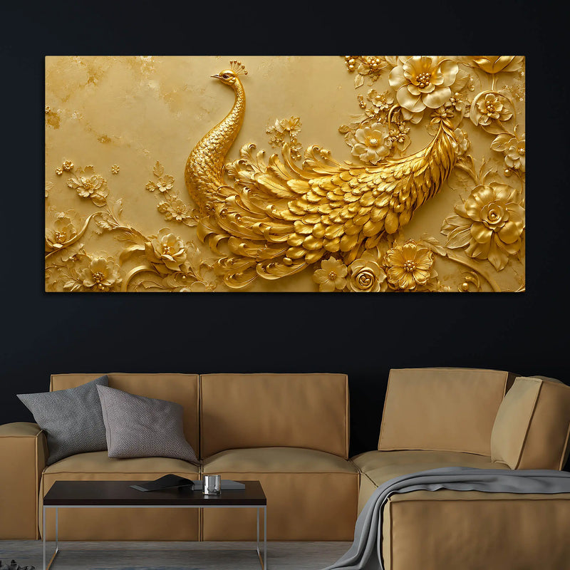 Divine Golden Peacock Floral Symphony 3D Canvas Wall Painting