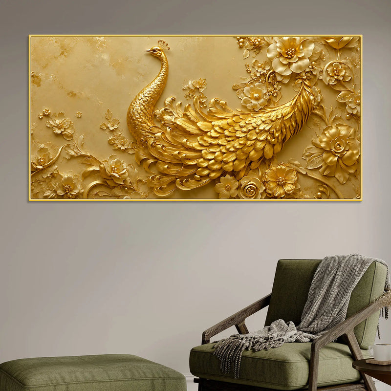 Divine Golden Peacock Floral Symphony 3D Canvas Wall Painting