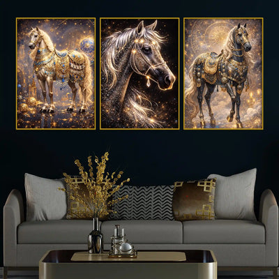 divine-golden-stallions-under-starry-cosmos-floating-frame-crystal-wall-painting-set-of-3