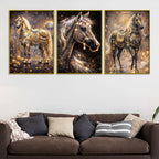 Divine Golden Stallions Under Starry Cosmos Floating Frame Crystal Wall Painting Set of 3