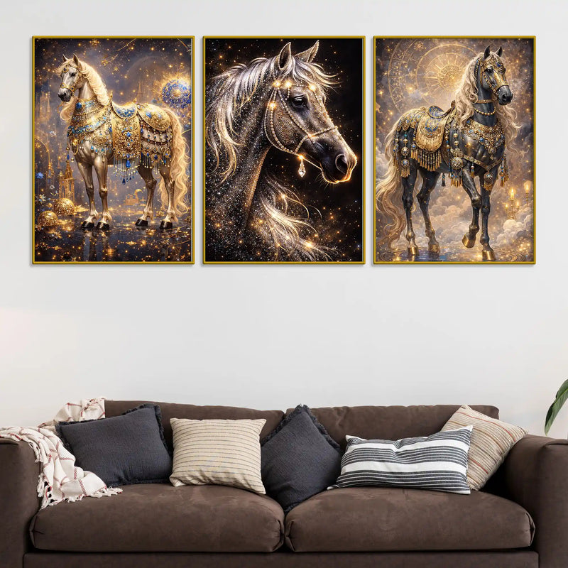 Divine Golden Stallions Under Starry Cosmos Floating Frame Crystal Wall Painting Set of 3