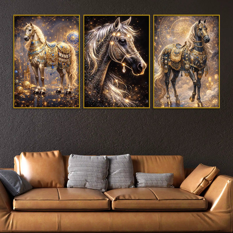 Divine Golden Stallions Under Starry Cosmos Floating Frame Crystal Wall Painting Set of 3