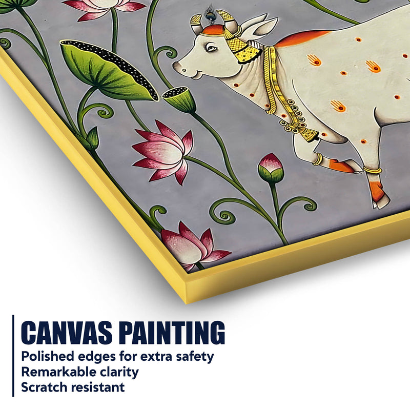 Divine Harmony of Gau Mata Among Blooming Lotus Pichwai Canvas Wall Painting