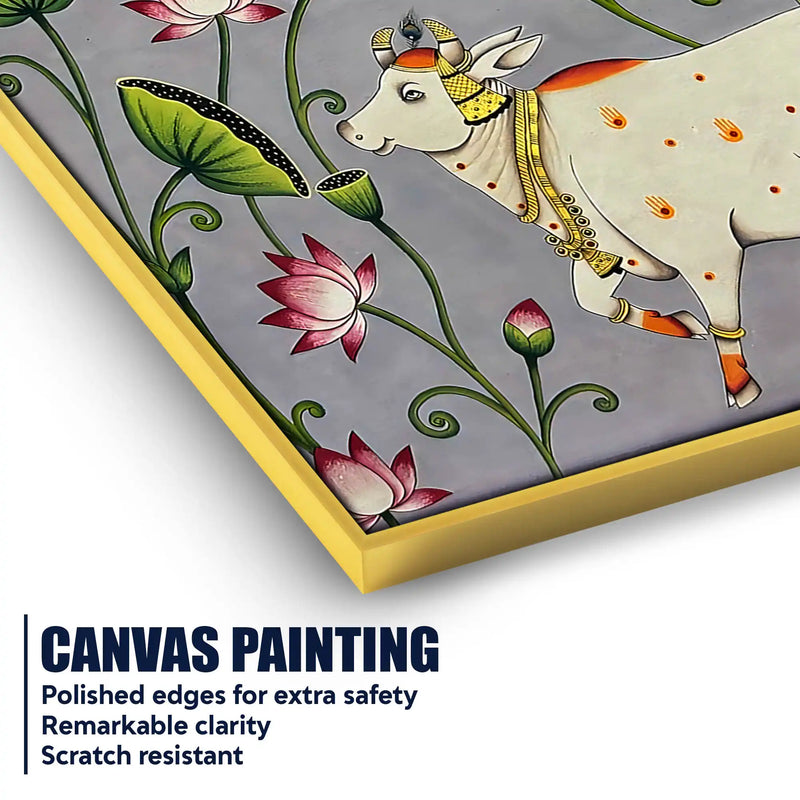 Divine Harmony of Gau Mata Among Blooming Lotus Pichwai Canvas Wall Painting