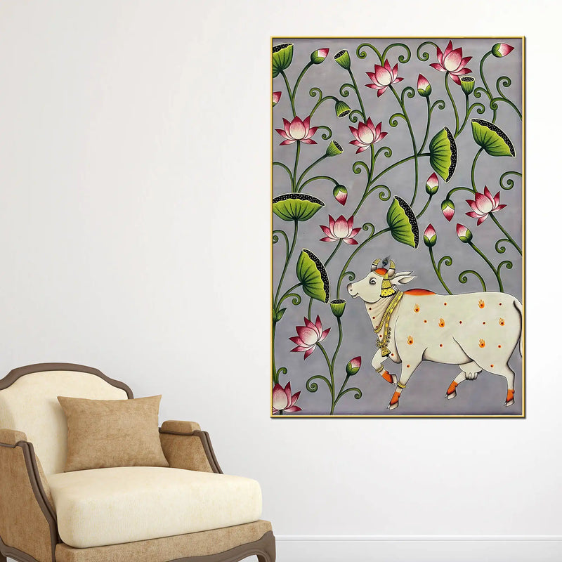 Divine Harmony of Gau Mata Among Blooming Lotus Pichwai Canvas Wall Painting