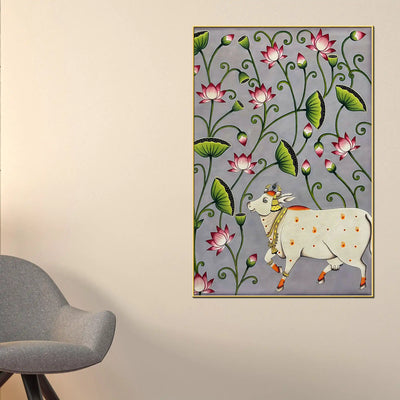 Divine Harmony of Gau Mata Among Blooming Lotus Pichwai Canvas Wall Painting