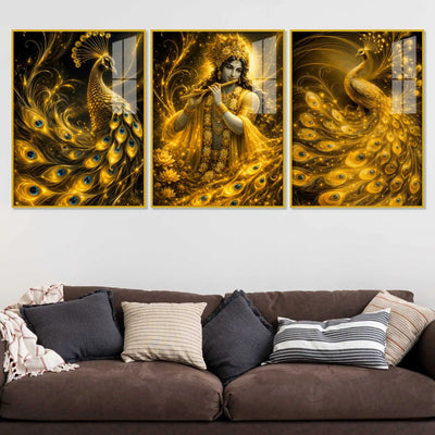 Divine Indian Krishna with Royal Peacock Acrylic Painting Set of 3