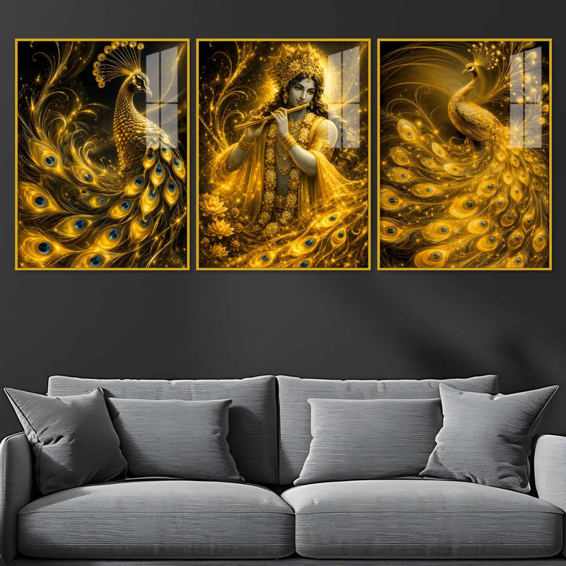 Divine Indian Krishna with Royal Peacock Acrylic Painting Set of 3