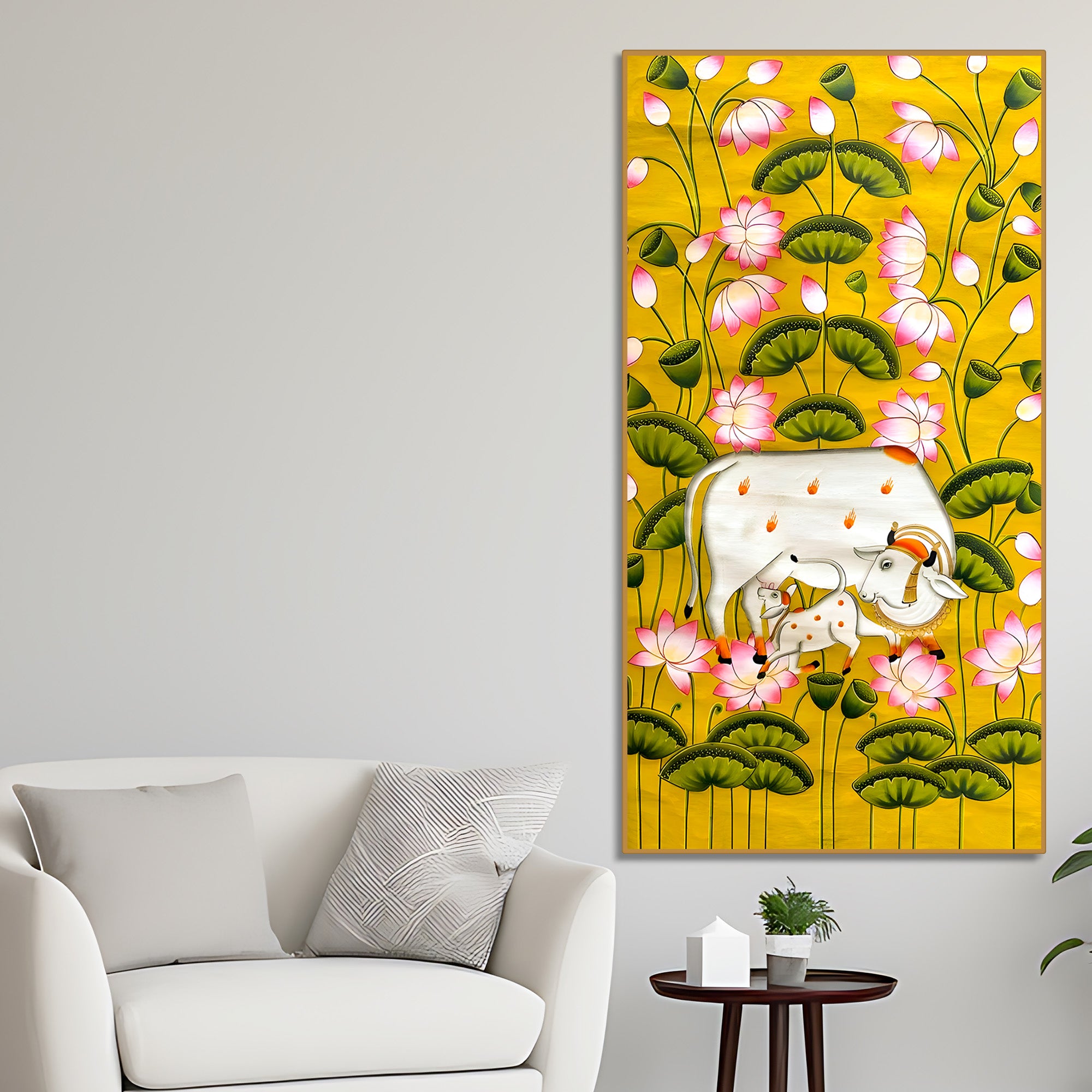 Divine Kamdhenu Cow Lotus Canvas Painting | Traditional Indian Wall Decor