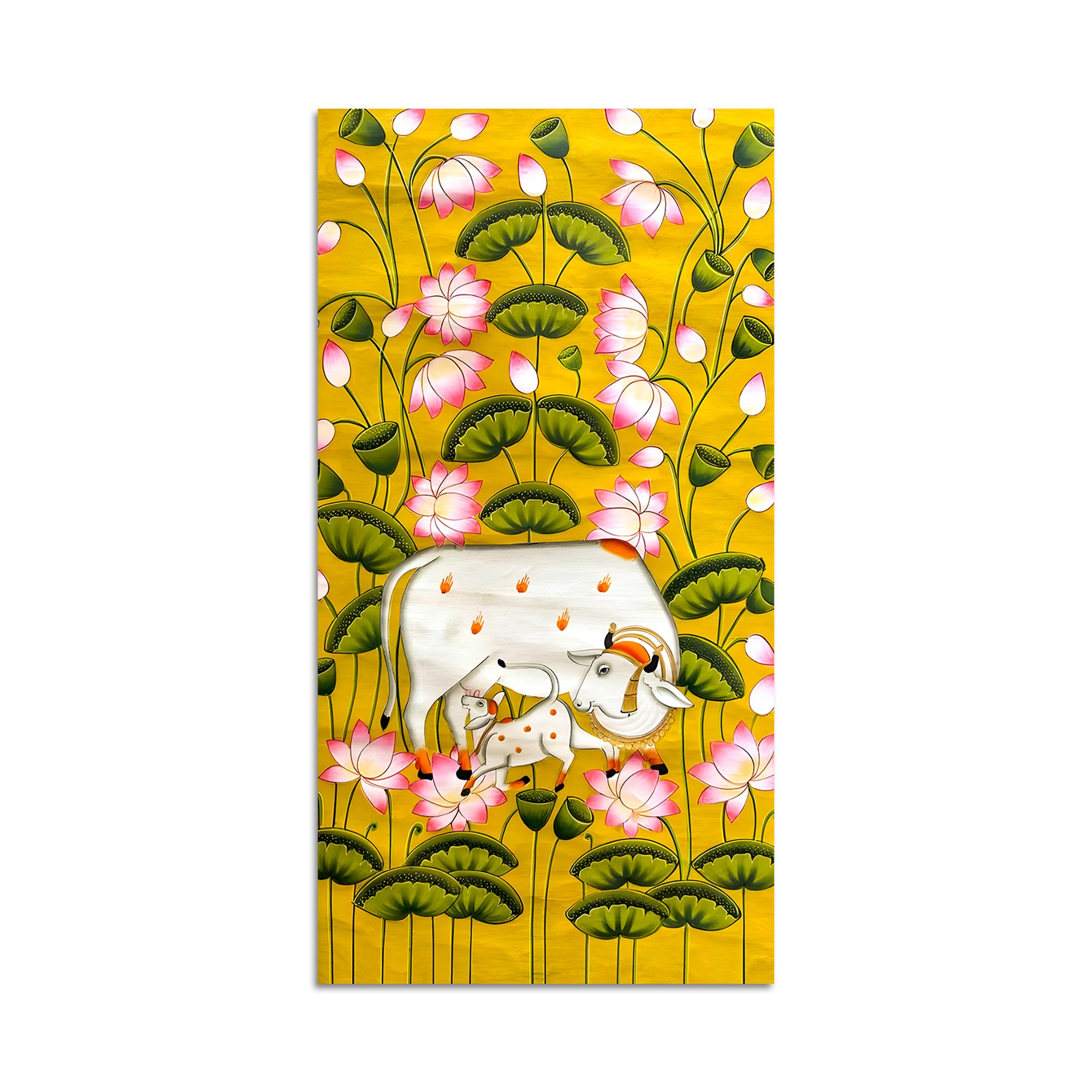 Divine Kamdhenu Cow Lotus Canvas Painting | Traditional Indian Wall Decor