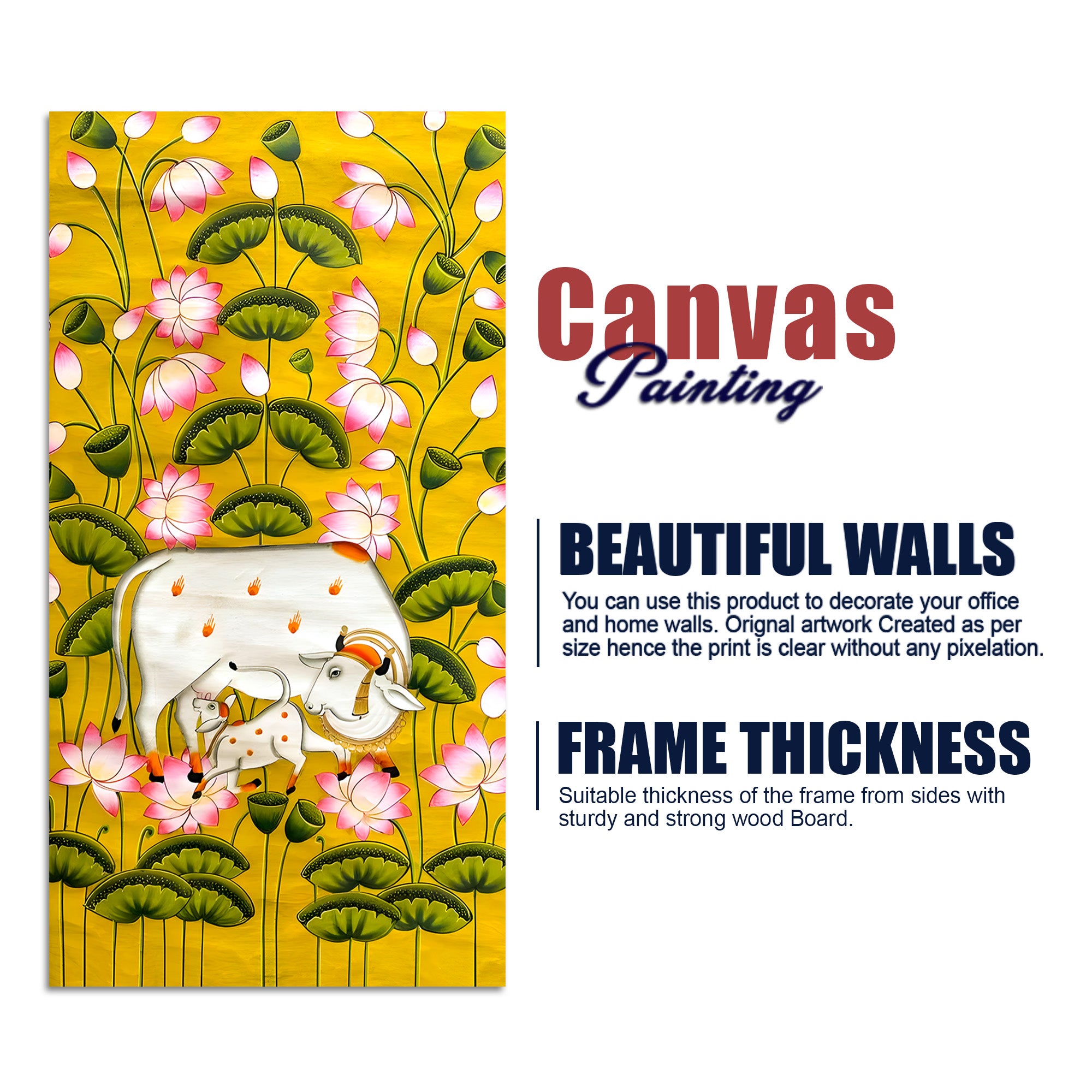 Divine Kamdhenu Cow Lotus Canvas Painting | Traditional Indian Wall Decor