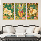Divine Krishna and Sacred Cow Canvas Wall Painting Set of Three