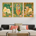 Divine Krishna and Sacred Cow Canvas Wall Painting Set of Three