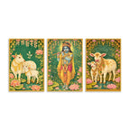 Divine Krishna and Sacred Cow Canvas Wall Painting Set of Three