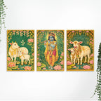 Divine Krishna and Sacred Cow Canvas Wall Painting Set of Three