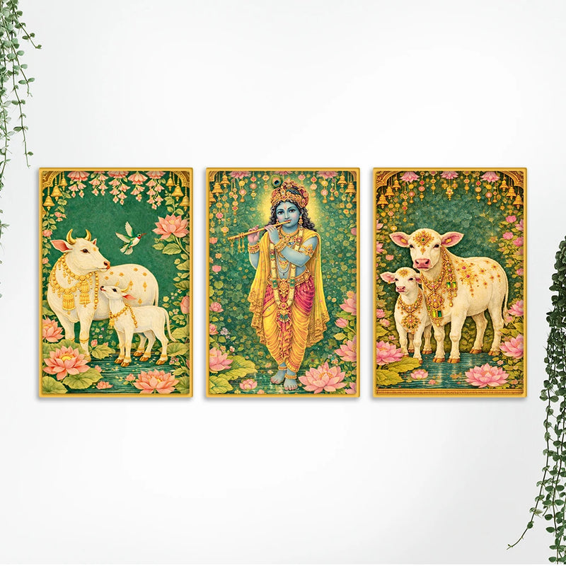 Divine Krishna and Sacred Cow Canvas Wall Painting Set of Three