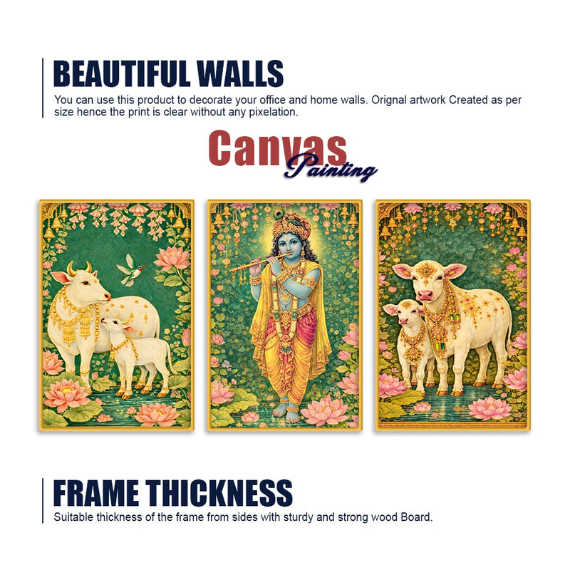 Divine Krishna and Sacred Cow Canvas Wall Painting Set of Three