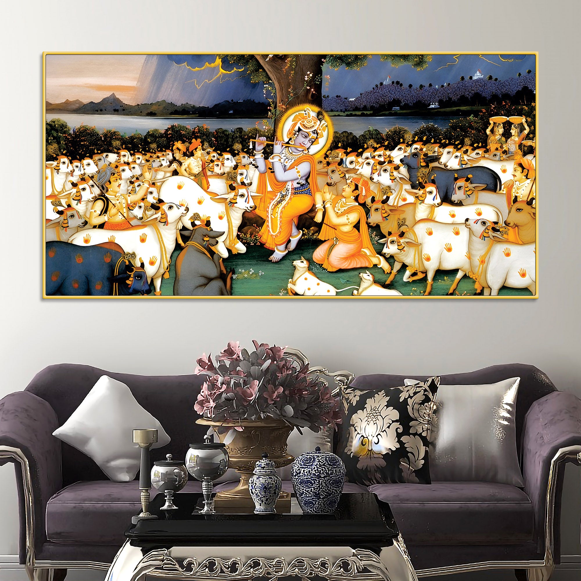 Divine Krishna Cow Herd Premium Wall Painting