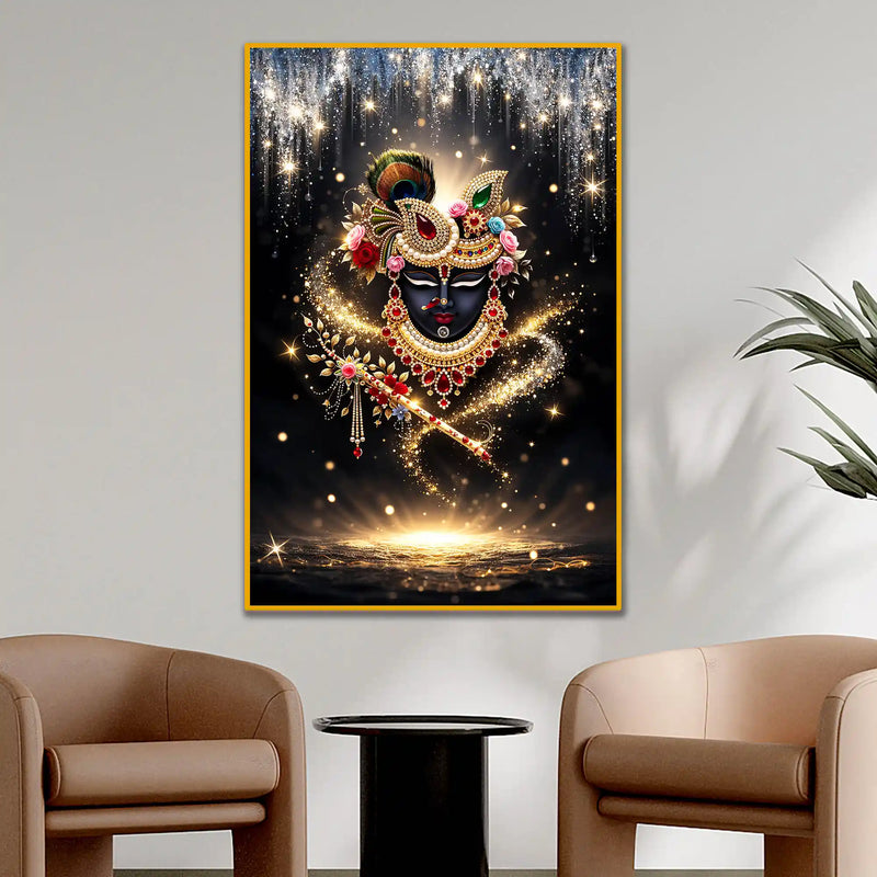 Divine Krishna Face with Flute Floating Frame Crystal Wall Painting
