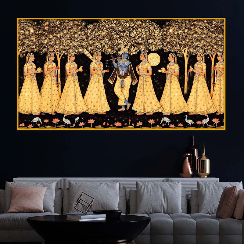 Divine Krishna Raas Scene Crystal Glass Wall Painting