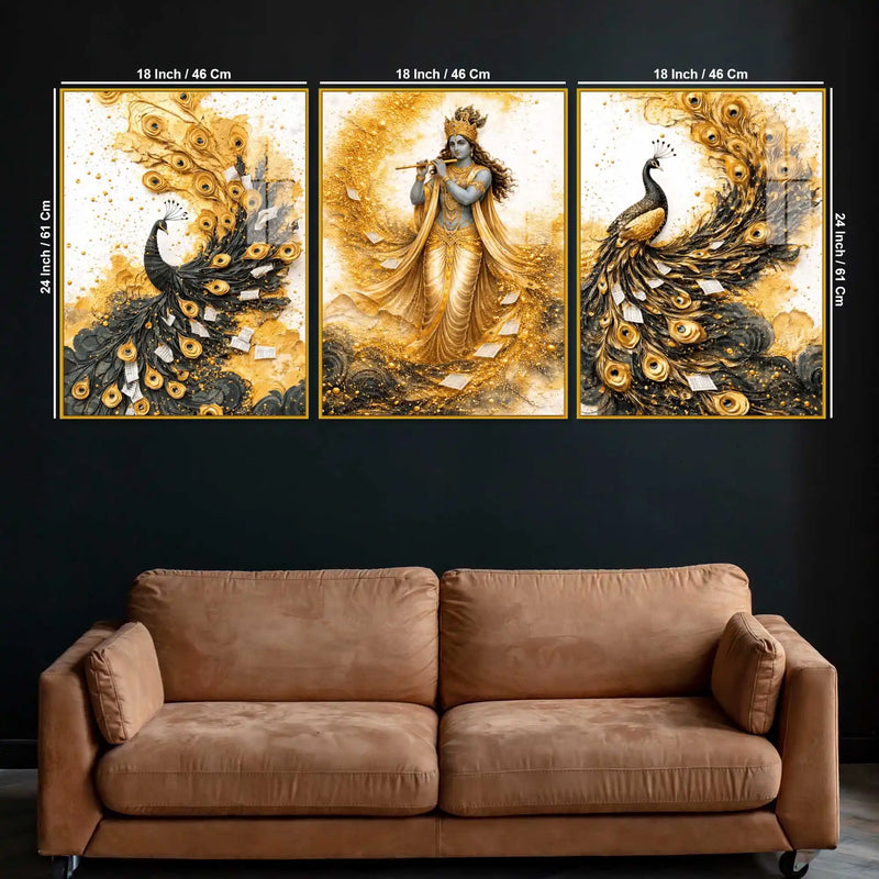 Divine Krishna with Peacock Floating Acrylic Painting Set of 3