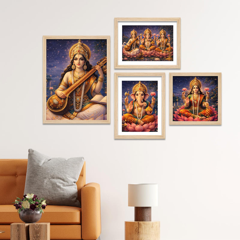 Divine Lakshmi Ganesha Saraswati Wall Frame Set of Four