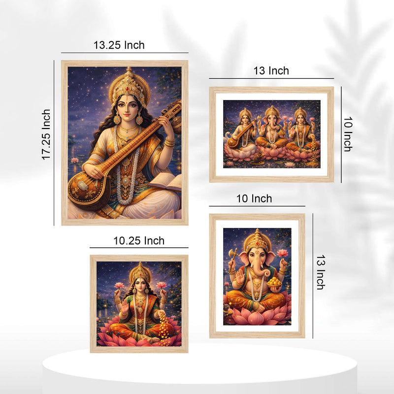 Divine Lakshmi Ganesha Saraswati Wall Frame Set of Four