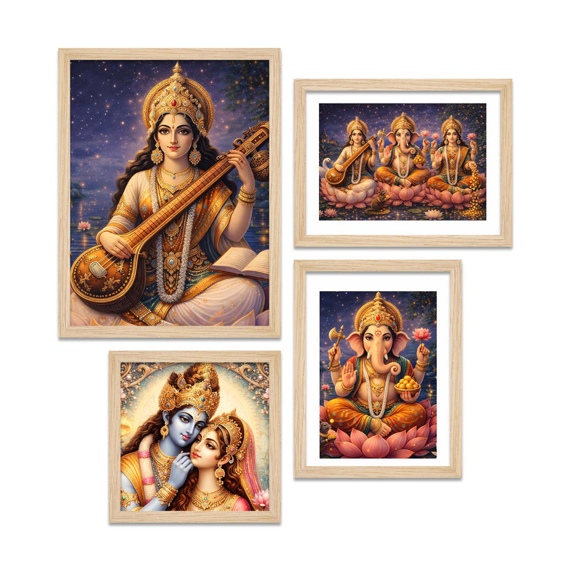 Divine Lakshmi Ganesha Saraswati Wall Frame Set of Four