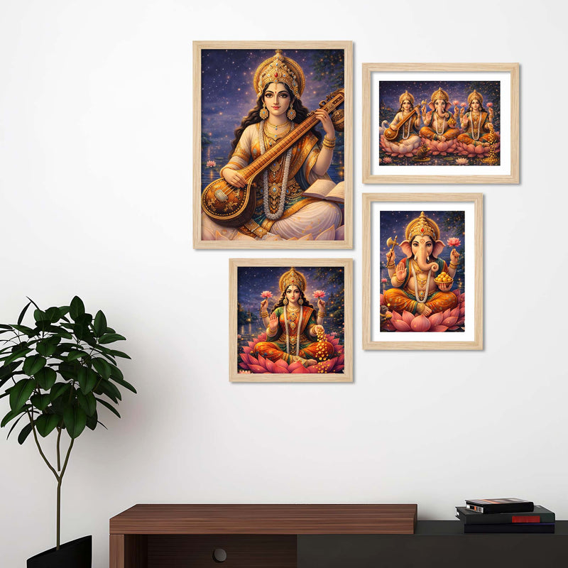 Divine Lakshmi Ganesha Saraswati Wall Frame Set of Four
