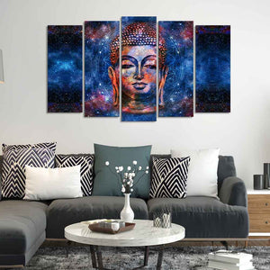 Divine Lord Buddha Head Colorful Wall Painting Set of Five Pieces