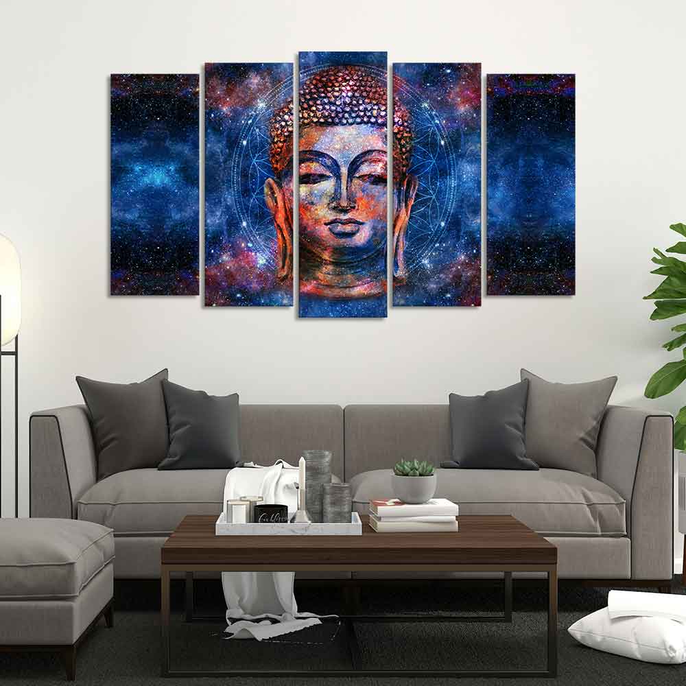 Divine Lord Buddha Head Colorful Wall Painting Set of Five Pieces