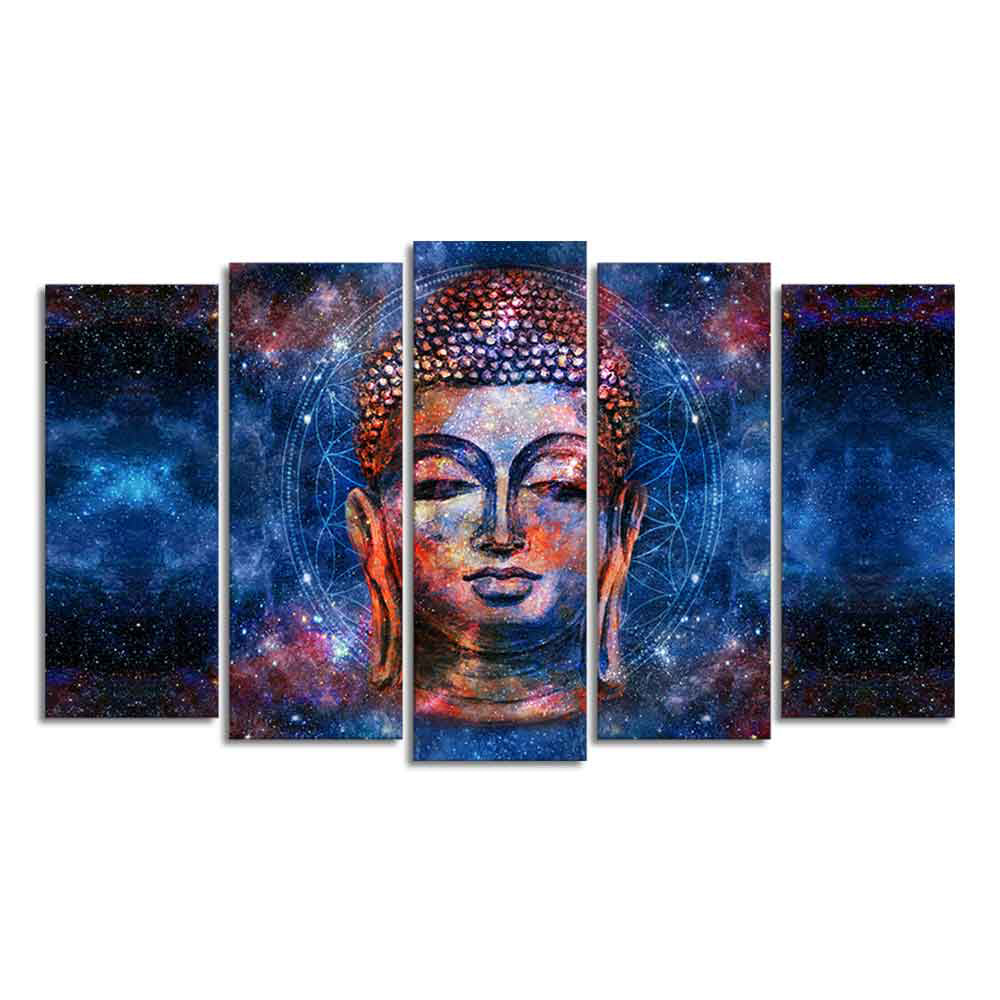 Divine Lord Buddha Head Colorful Wall Painting Set of Five Pieces