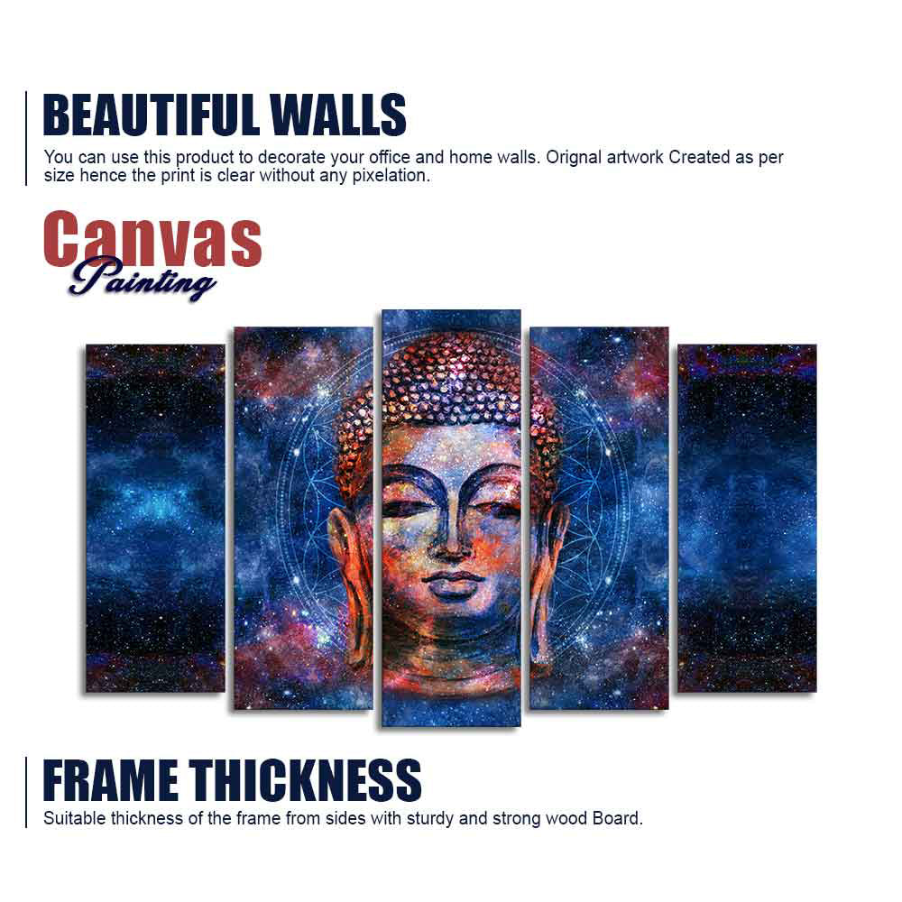 Divine Lord Buddha Head Colorful Wall Painting Set of Five Pieces