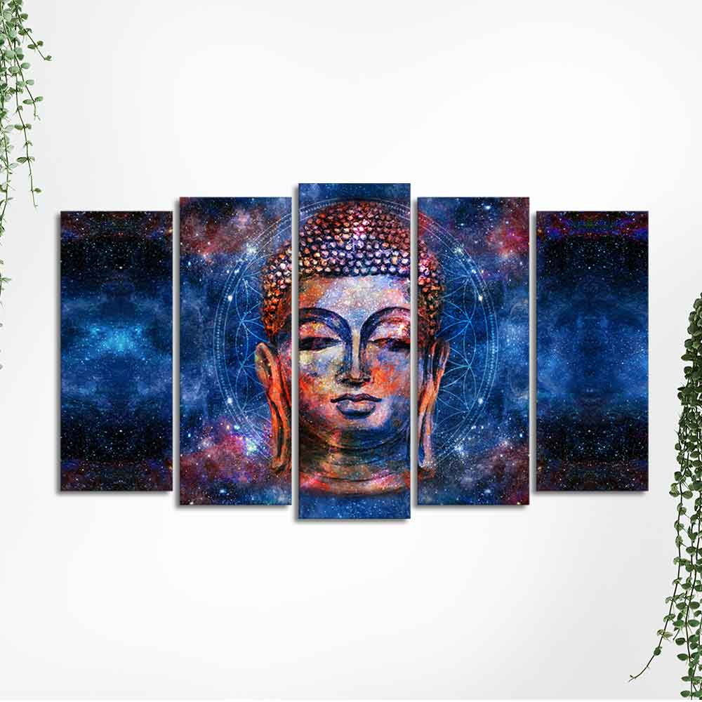 Divine Lord Buddha Head Colorful Wall Painting Set of Five Pieces