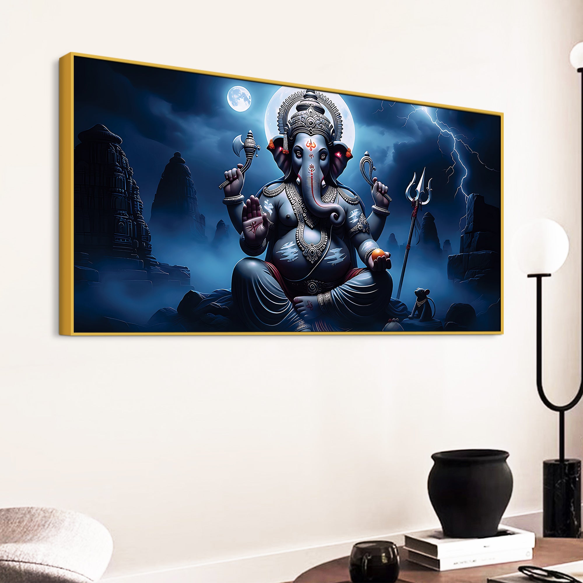Divine Lord Ganesh with Trishool & Mooshak Dark Theme Canvas Wall painting for Home & Office Decor