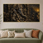 Divine Lord Ganesha Royal Temple Black & Gold Metallic Look 3D Canvas Wall Painting