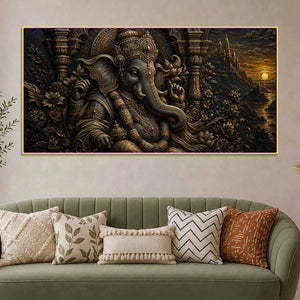Divine Lord Ganesha Royal Temple Black & Gold Metallic Look 3D Canvas Wall Painting