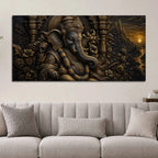 Divine Lord Ganesha Royal Temple Black & Gold Metallic Look 3D Canvas Wall Painting
