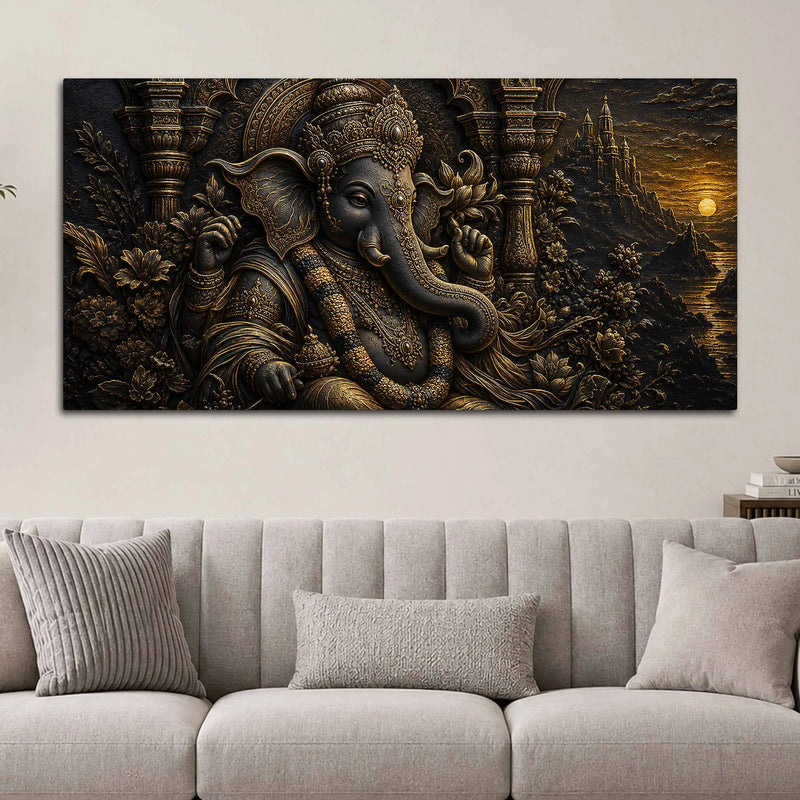 Divine Lord Ganesha Royal Temple Black & Gold Metallic Look 3D Canvas Wall Painting