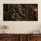 Divine Lord Ganesha Royal Temple Black & Gold Metallic Look 3D Canvas Wall Painting