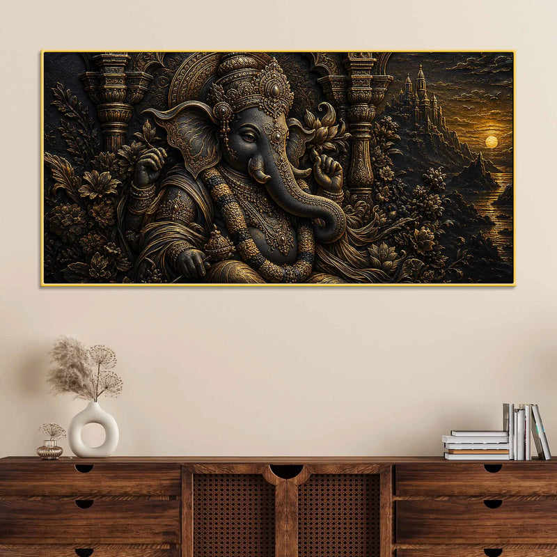 Divine Lord Ganesha Royal Temple Black & Gold Metallic Look 3D Canvas Wall Painting