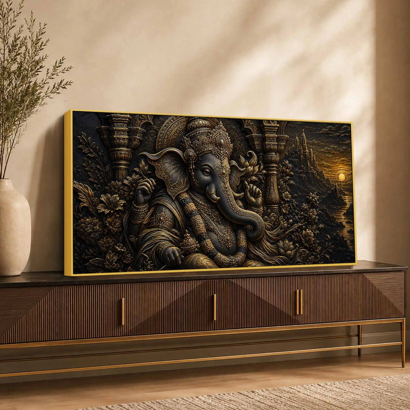 Divine Lord Ganesha Royal Temple Black & Gold Metallic Look 3D Canvas Wall Painting