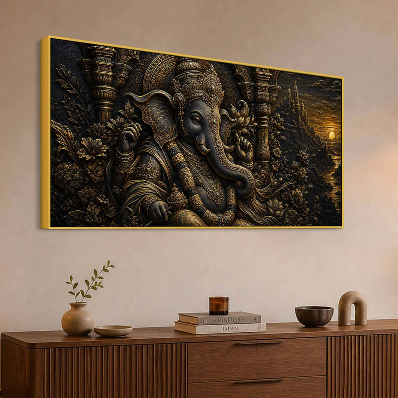 Divine Lord Ganesha Royal Temple Black & Gold Metallic Look 3D Canvas Wall Painting