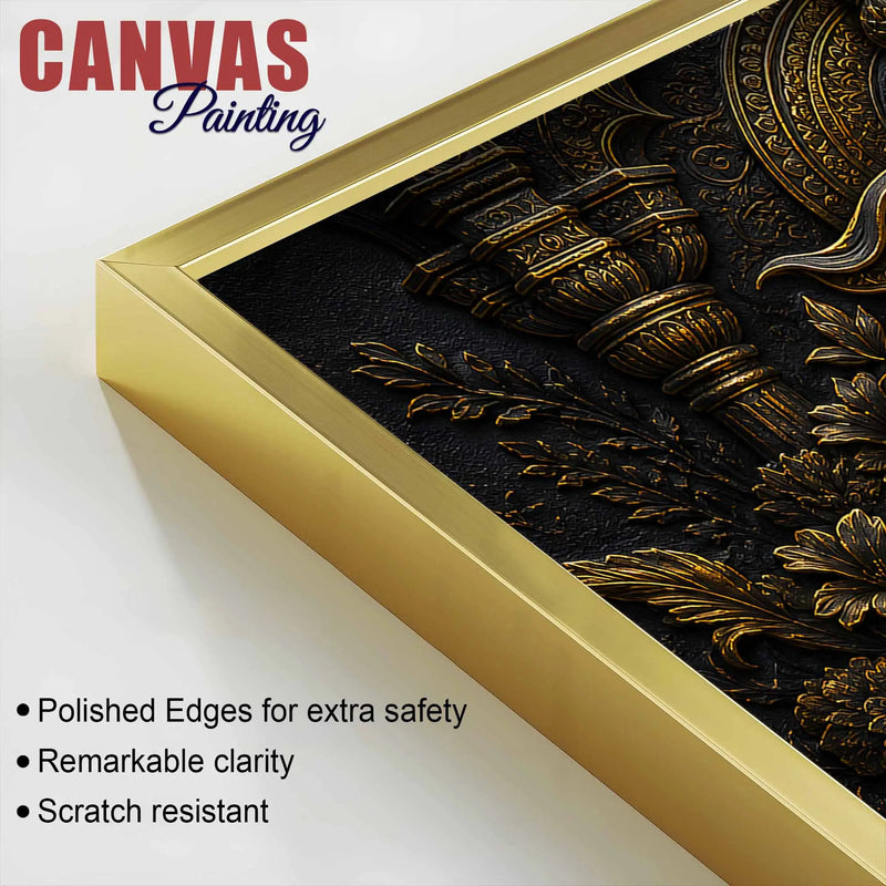 Divine Lord Ganesha Royal Temple Black & Gold Metallic Look 3D Canvas Wall Painting