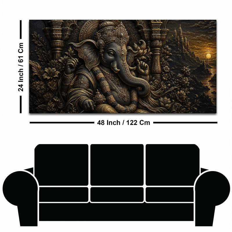 Divine Lord Ganesha Royal Temple Black & Gold Metallic Look 3D Canvas Wall Painting
