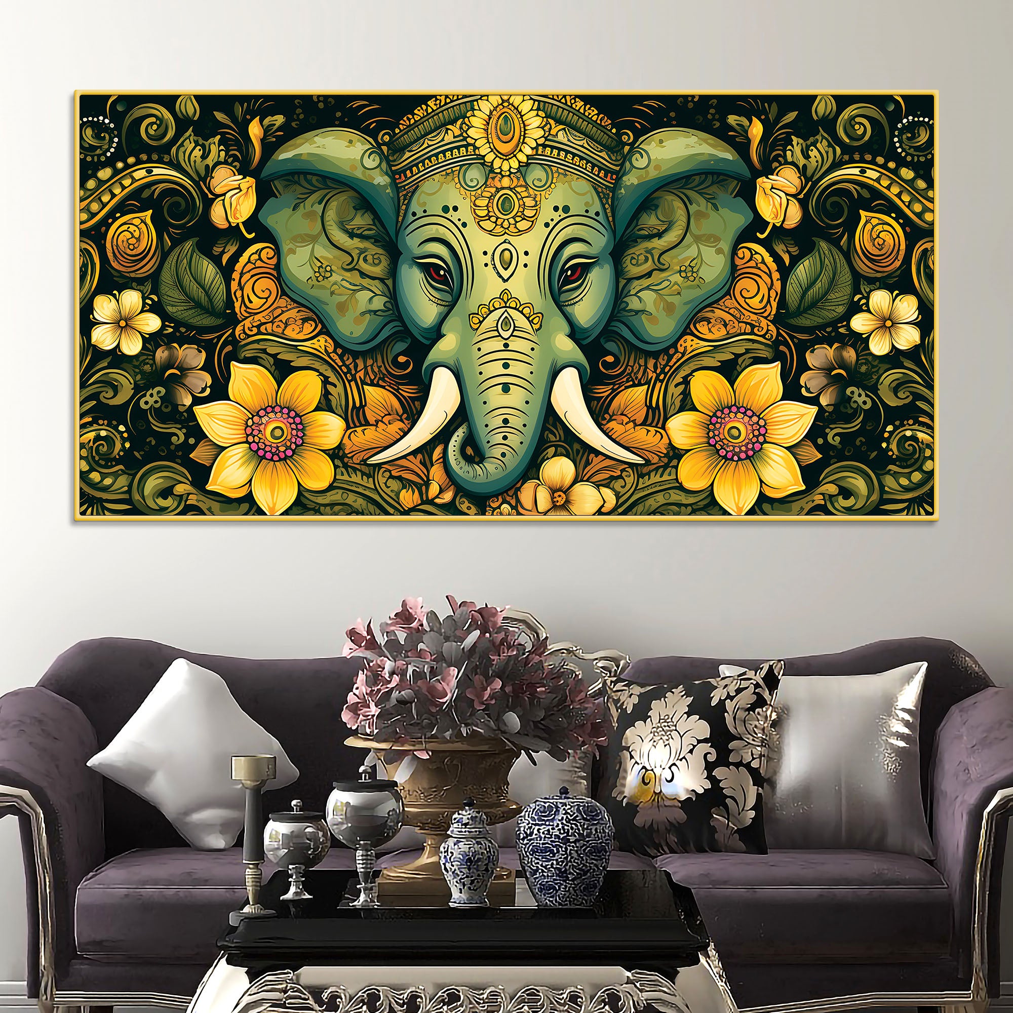Divine Lord Ganesha with Floral Art Religious Wall Painting