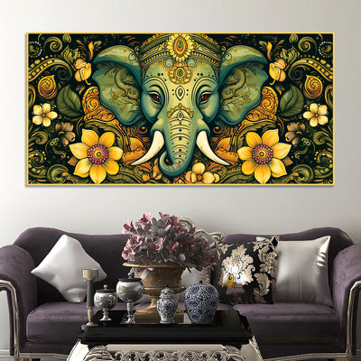 Divine Lord Ganesha with Floral Art Religious Wall Painting