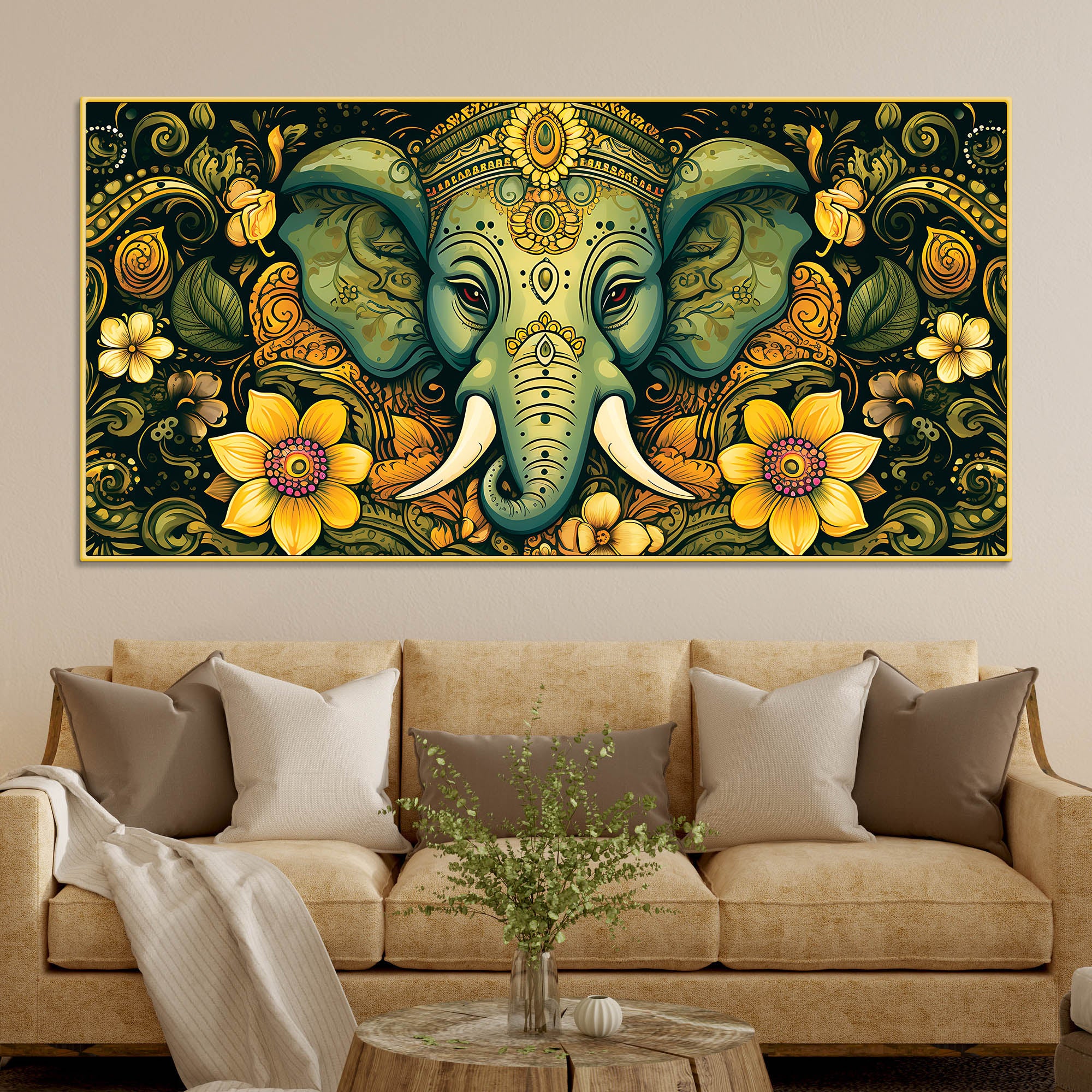 Divine Lord Ganesha with Floral Art Religious Wall Painting