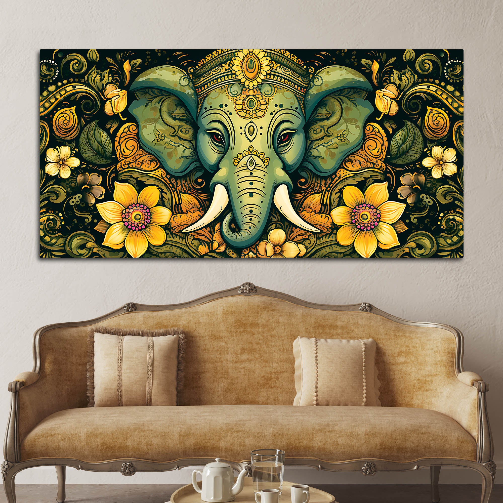 Divine Lord Ganesha with Floral Art Religious Wall Painting